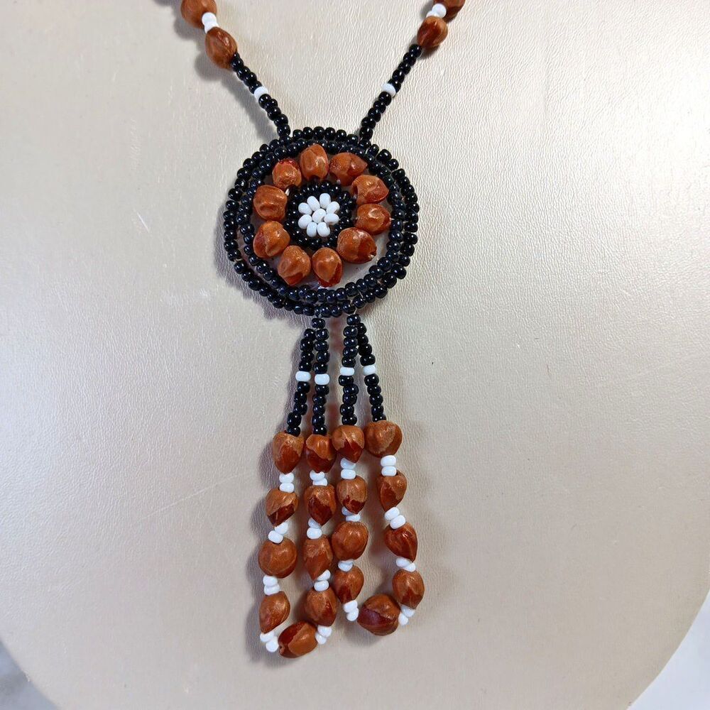 Ghost Bead Necklace Black White Brown Juniper Berry Seed Leather Mandala Tassel